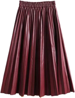 Women Autumn PU Faux Leather Pleated Skirt Elastic High Waist Midi A-Line Skirt