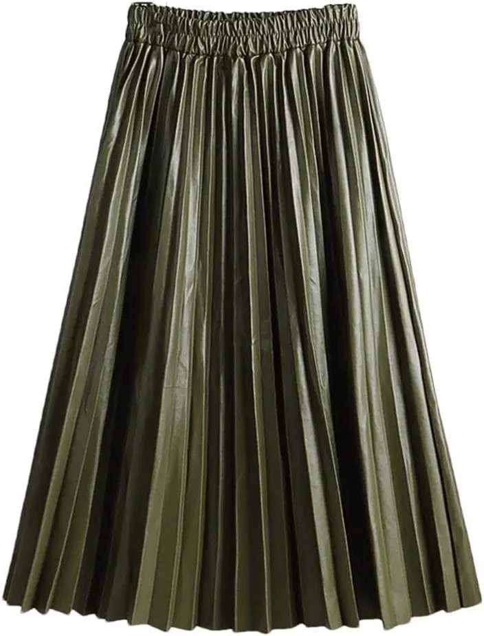 Women Autumn PU Faux Leather Pleated Skirt Elastic High Waist Midi A-Line Skirt