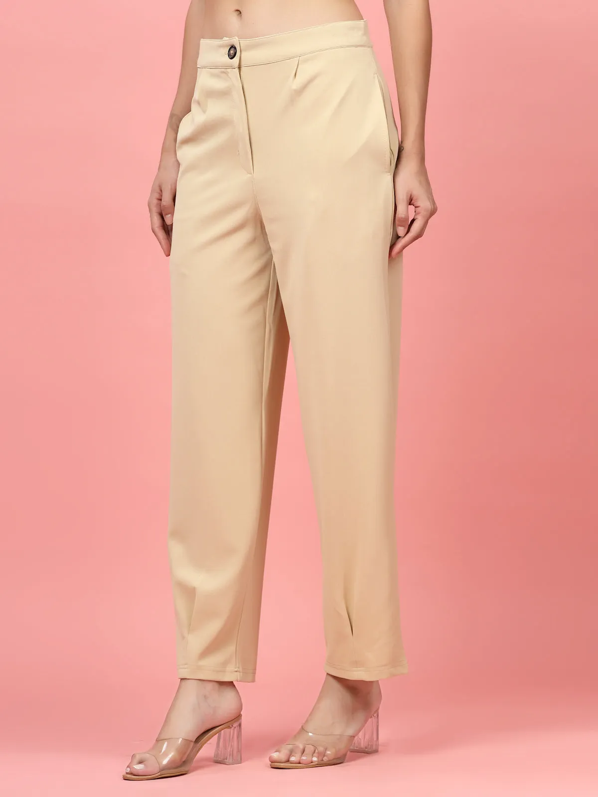 Women Beige Regular Fit Mid-Rise Parallel Trousers