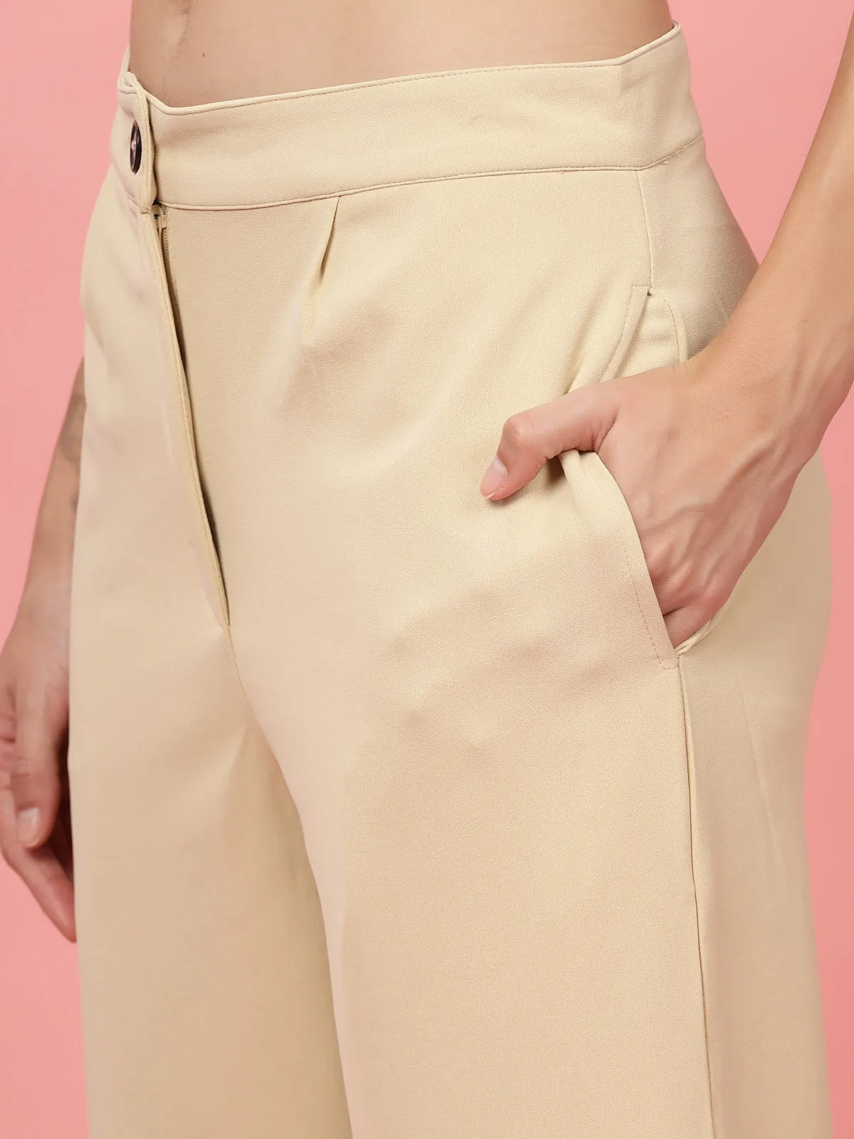 Women Beige Regular Fit Mid-Rise Parallel Trousers