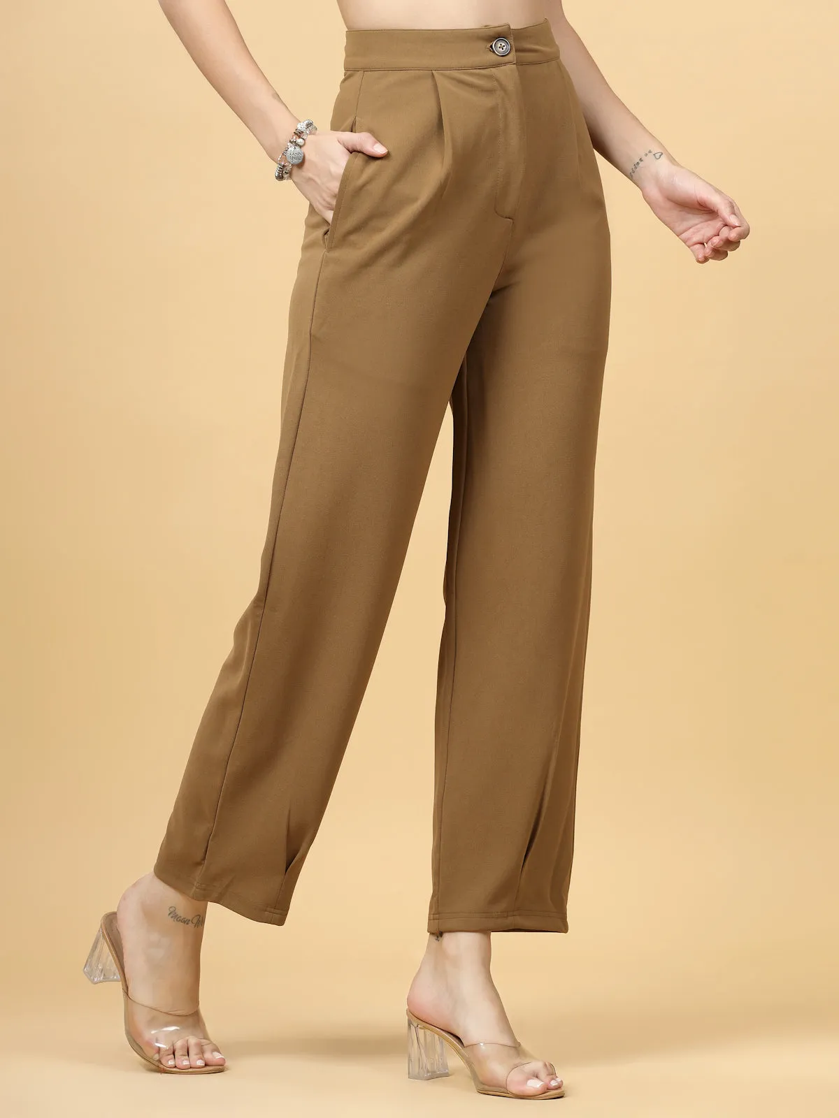 Women Brown Regular Fit Mid-Rise Parallel Trousers