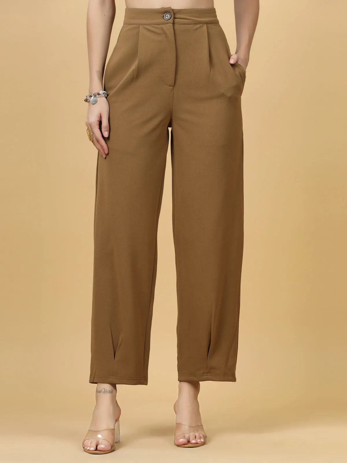 Women Brown Regular Fit Mid-Rise Parallel Trousers