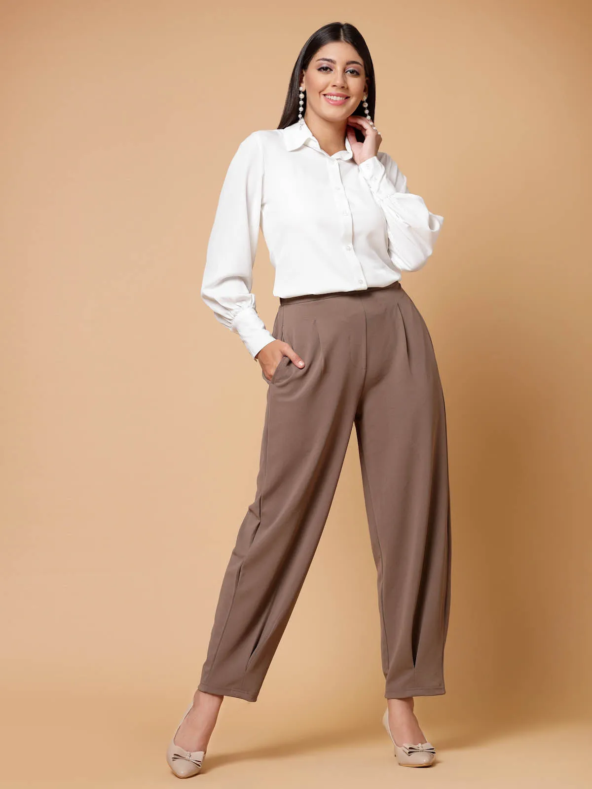 Women Brown Solid Pleated Trousers