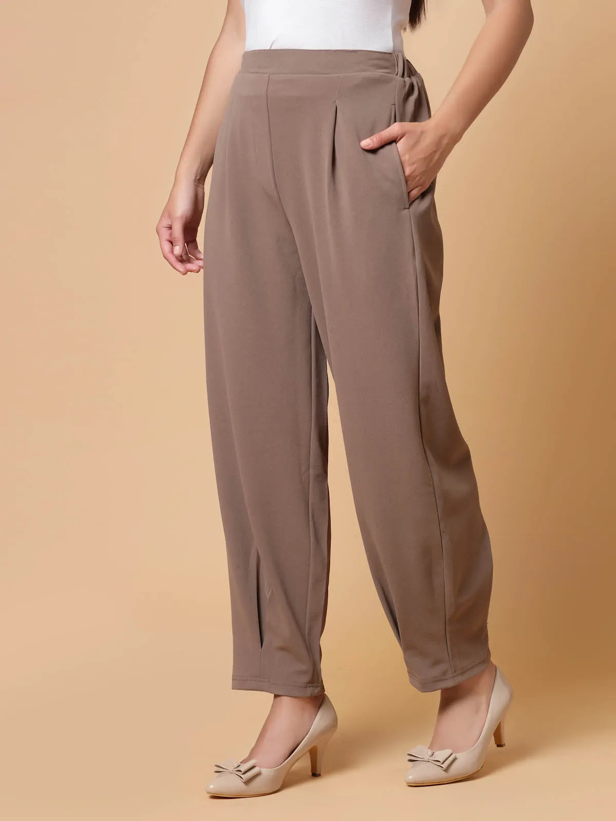 Women Brown Solid Pleated Trousers