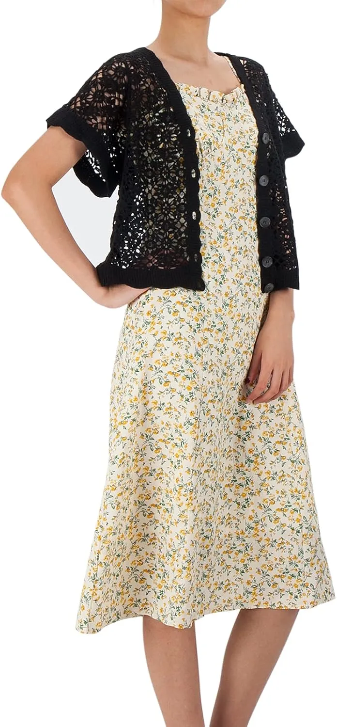 Women Cardigan Hollow Out Floral Cardigans White Crochet Shrugs