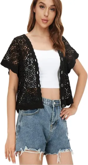 Women Cardigan Hollow Out Floral Cardigans White Crochet Shrugs
