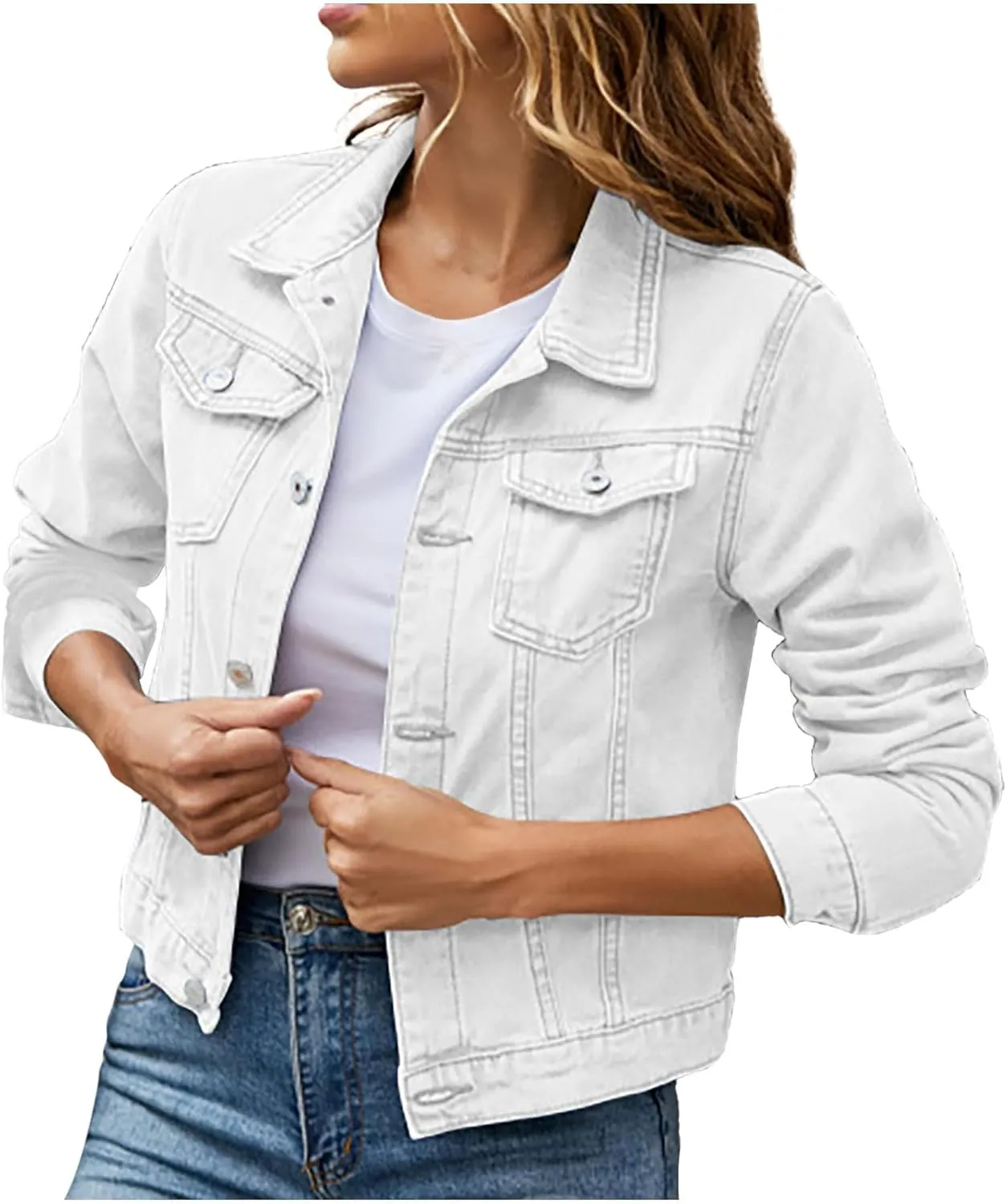 Women Denim Jacket Coats Long Sleeves Pocket Fashion Cardigan Solid Color Open Front Outerwear Jackets Comfy