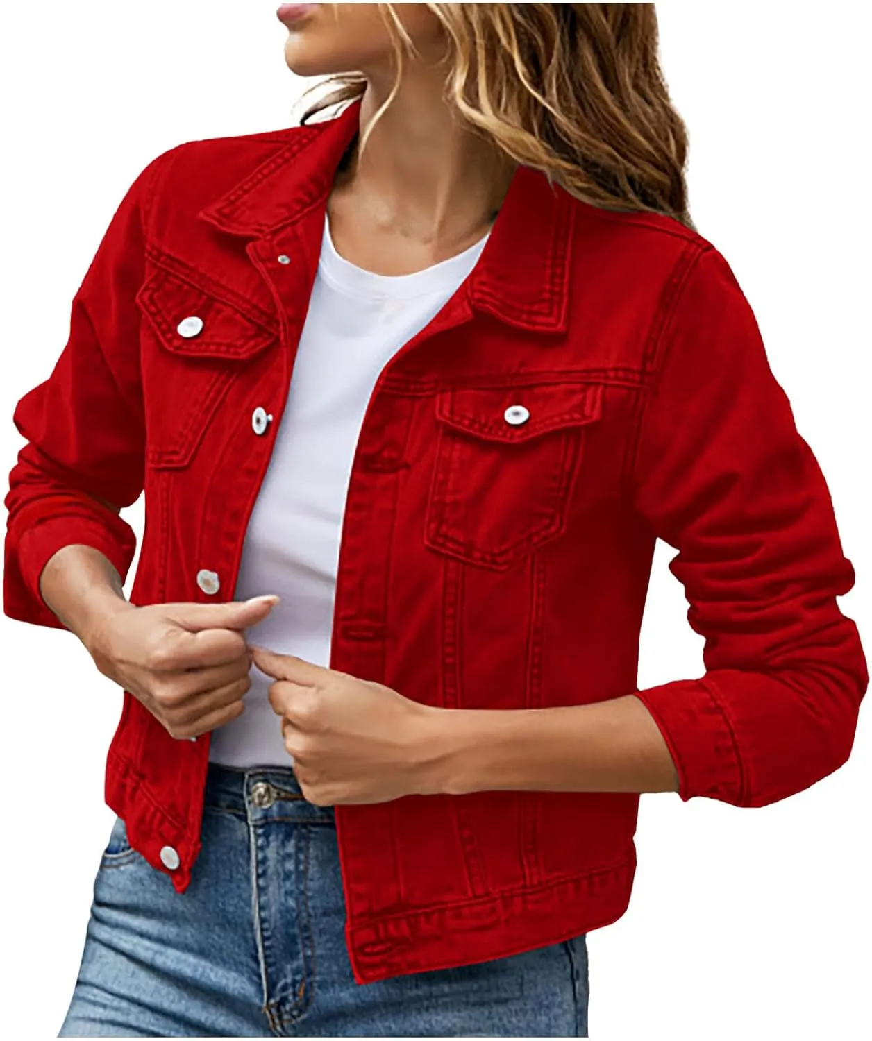 Women Denim Jacket Coats Long Sleeves Pocket Fashion Cardigan Solid Color Open Front Outerwear Jackets Comfy