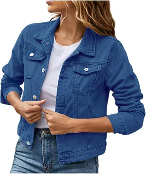 Women Denim Jacket Coats Long Sleeves Pocket Fashion Cardigan Solid Color Open Front Outerwear Jackets Comfy