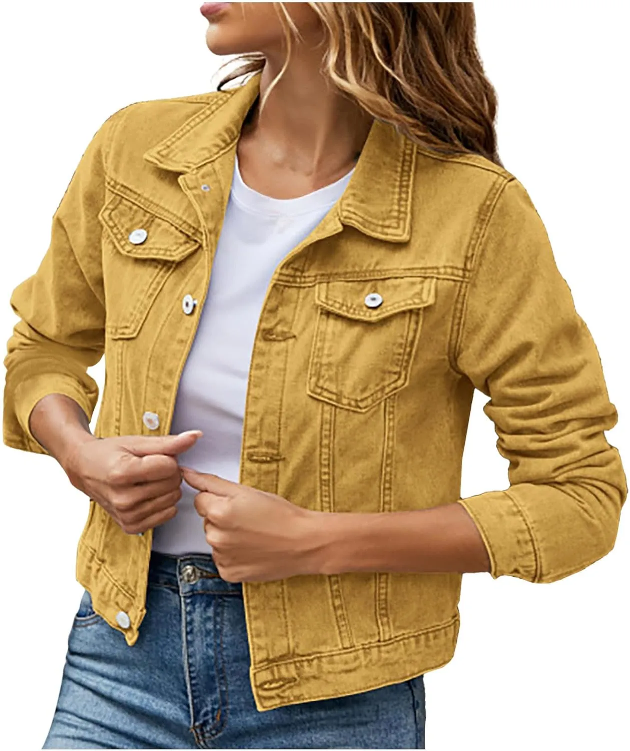Women Denim Jacket Coats Long Sleeves Pocket Fashion Cardigan Solid Color Open Front Outerwear Jackets Comfy