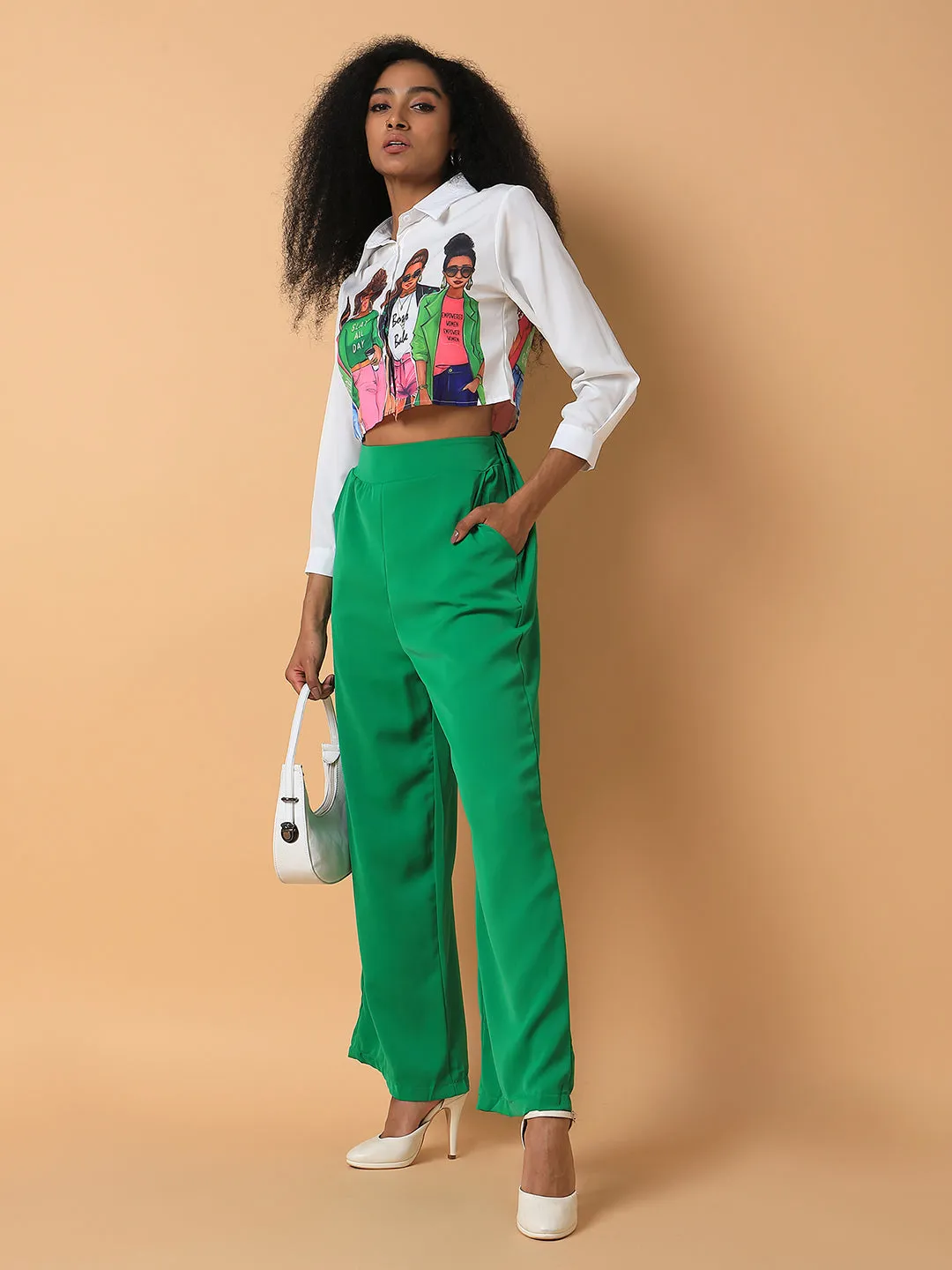 Women Flat Front Solid Green Trousers