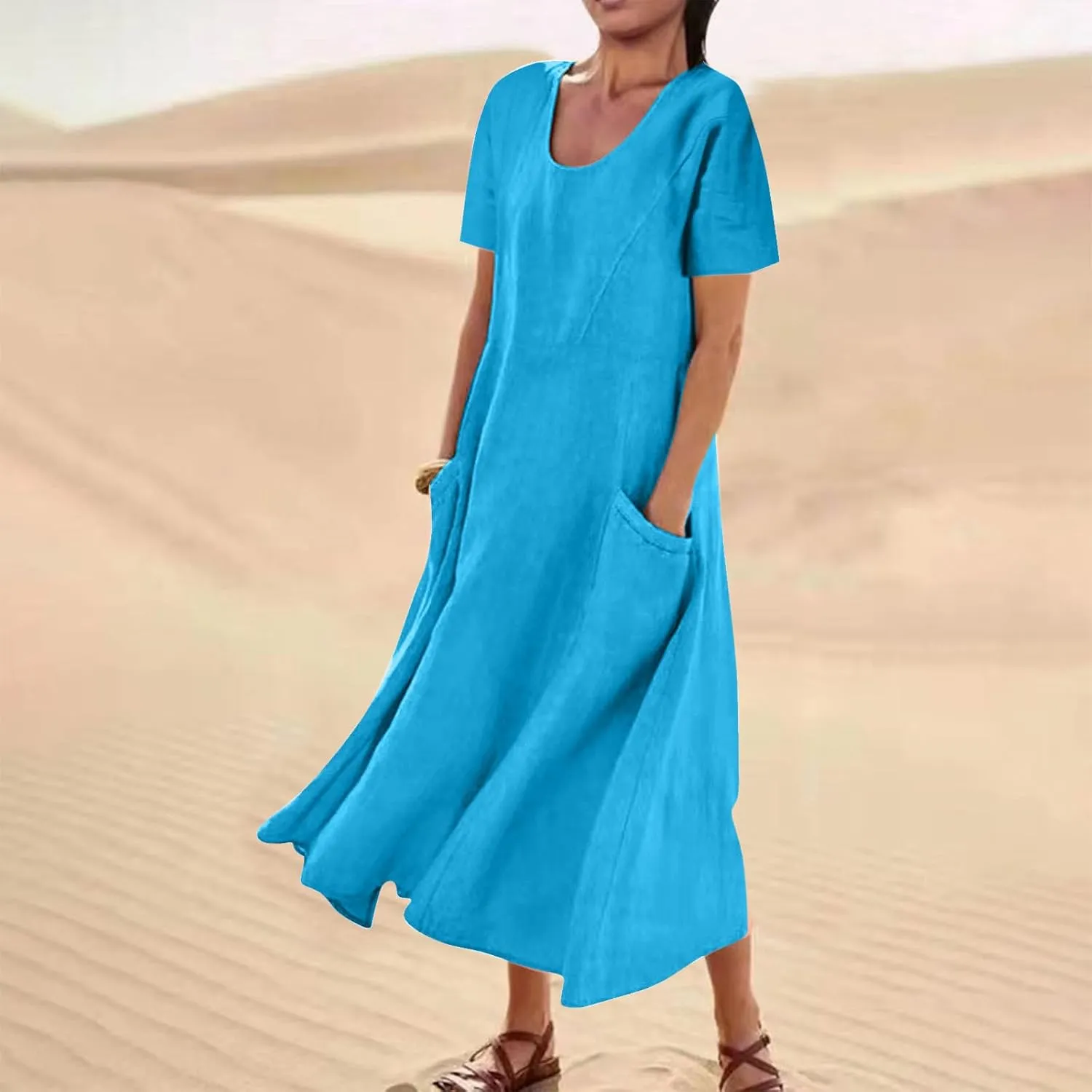 Women Flowy Cotton Linen Midi Dress Short Sleeve Casual Summer Dresses A Line Beach Dresses with Pockets