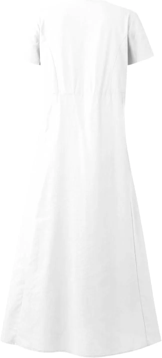 Women Flowy Cotton Linen Midi Dress Short Sleeve Casual Summer Dresses A Line Beach Dresses with Pockets