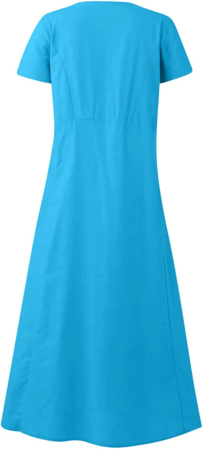 Women Flowy Cotton Linen Midi Dress Short Sleeve Casual Summer Dresses A Line Beach Dresses with Pockets