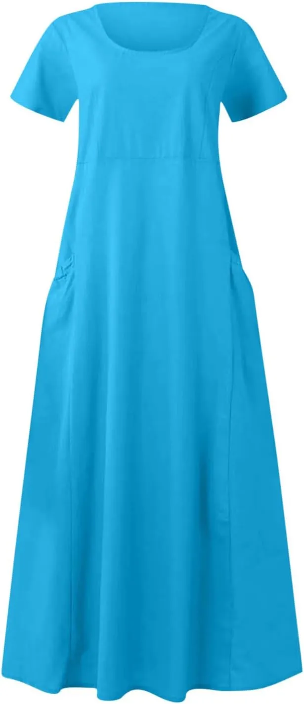 Women Flowy Cotton Linen Midi Dress Short Sleeve Casual Summer Dresses A Line Beach Dresses with Pockets