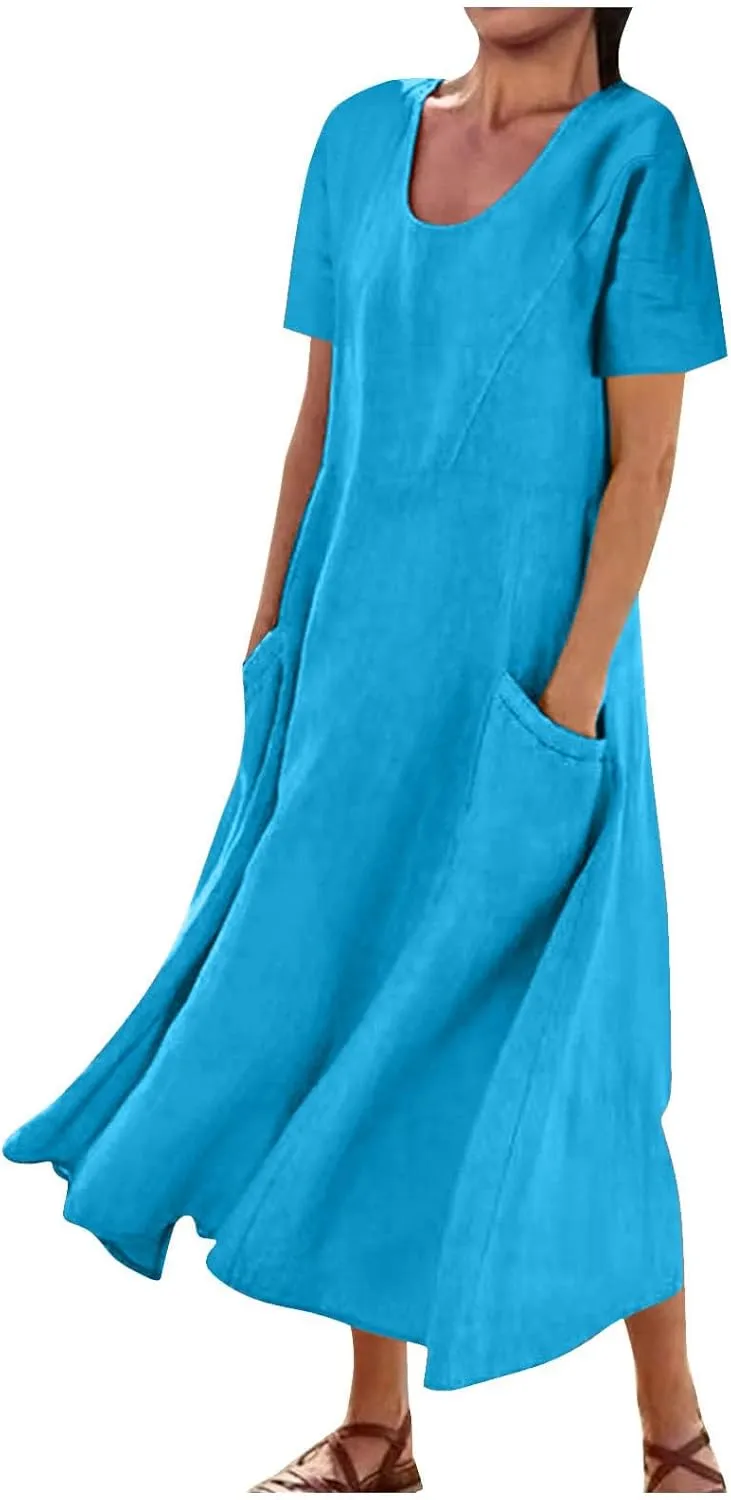 Women Flowy Cotton Linen Midi Dress Short Sleeve Casual Summer Dresses A Line Beach Dresses with Pockets