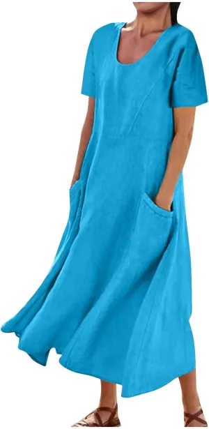 Women Flowy Cotton Linen Midi Dress Short Sleeve Casual Summer Dresses A Line Beach Dresses with Pockets