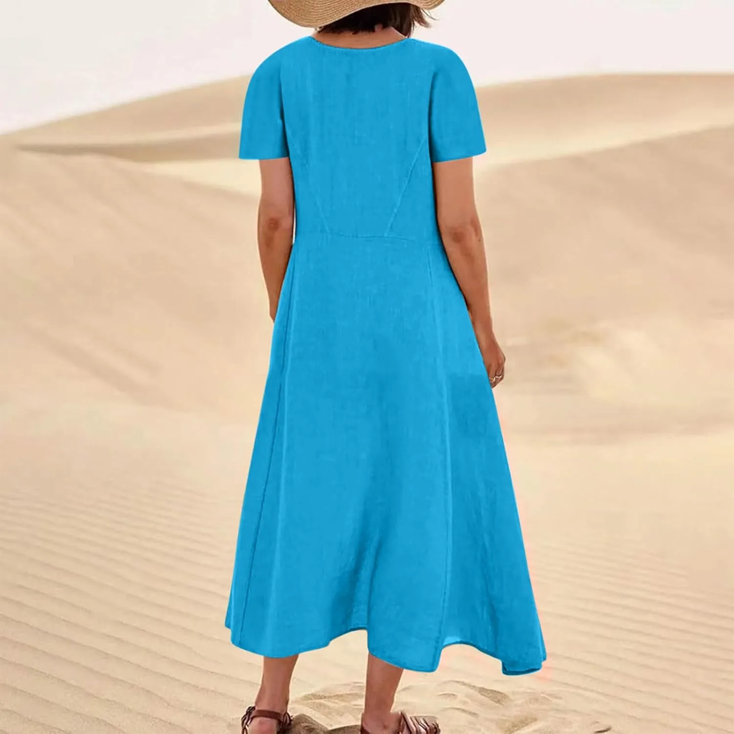 Women Flowy Cotton Linen Midi Dress Short Sleeve Casual Summer Dresses A Line Beach Dresses with Pockets