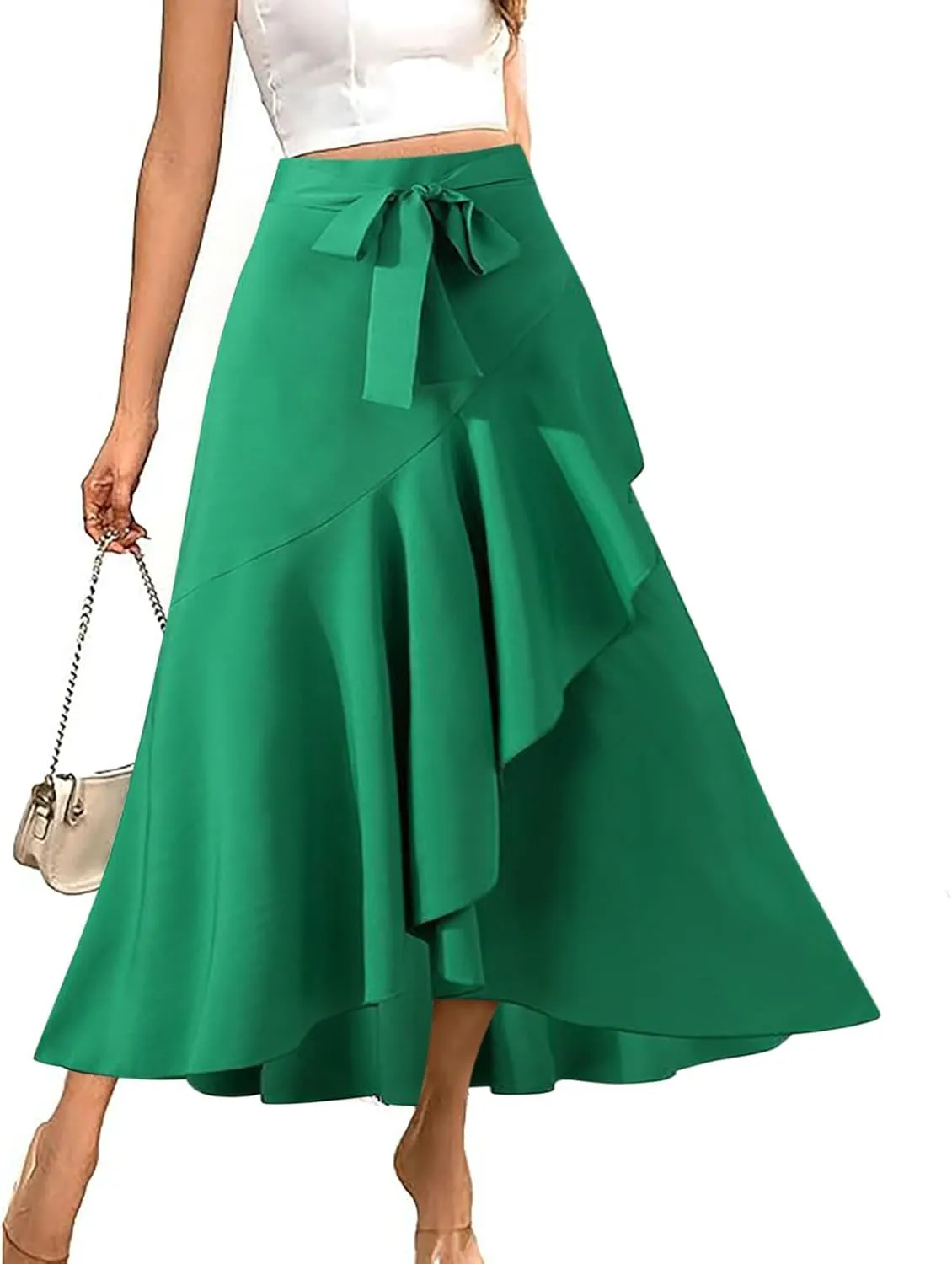 Women Irregular Ruffle Skirts Solid Work Outfits Elegant Slit Maxi Skirt High Waist Belt Flowy Skirts Trendy Clothes