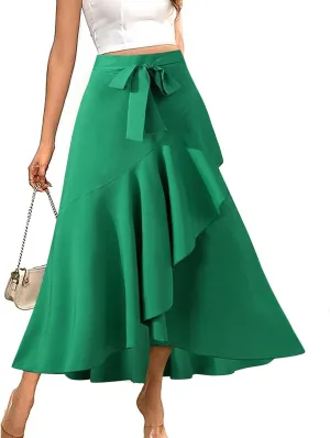 Women Irregular Ruffle Skirts Solid Work Outfits Elegant Slit Maxi Skirt High Waist Belt Flowy Skirts Trendy Clothes