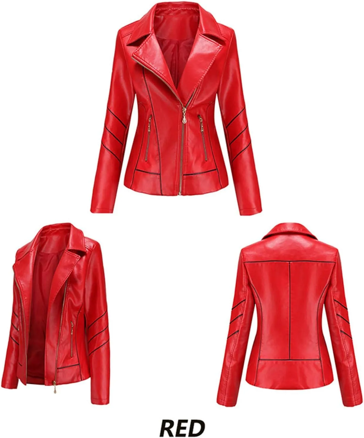Women Leather Jacket Stand-Up Collar Zipper Stitching Solid Color Jacket Faux Leather Jacket Women Faux Leather