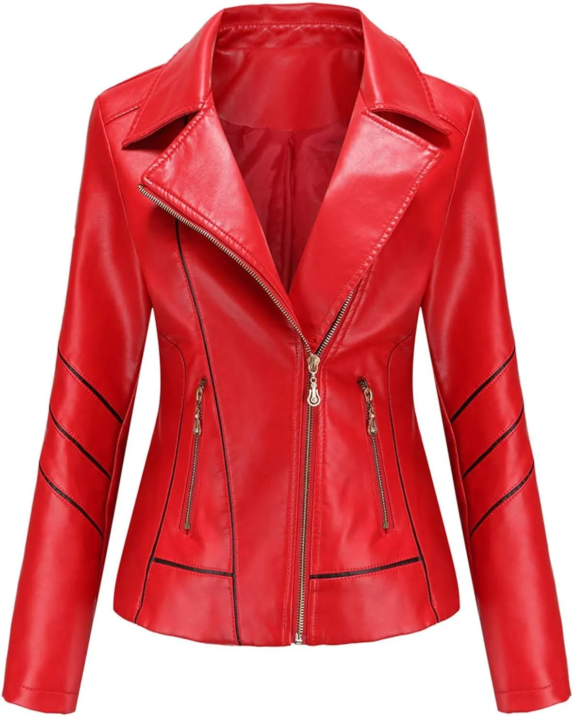 Women Leather Jacket Stand-Up Collar Zipper Stitching Solid Color Jacket Faux Leather Jacket Women Faux Leather