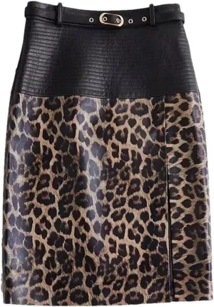 Women Leather Knee-Length Pencil Skirt Slim Leopard Pattern Split Wrapped Skirt Striped Belt Midi Skirt
