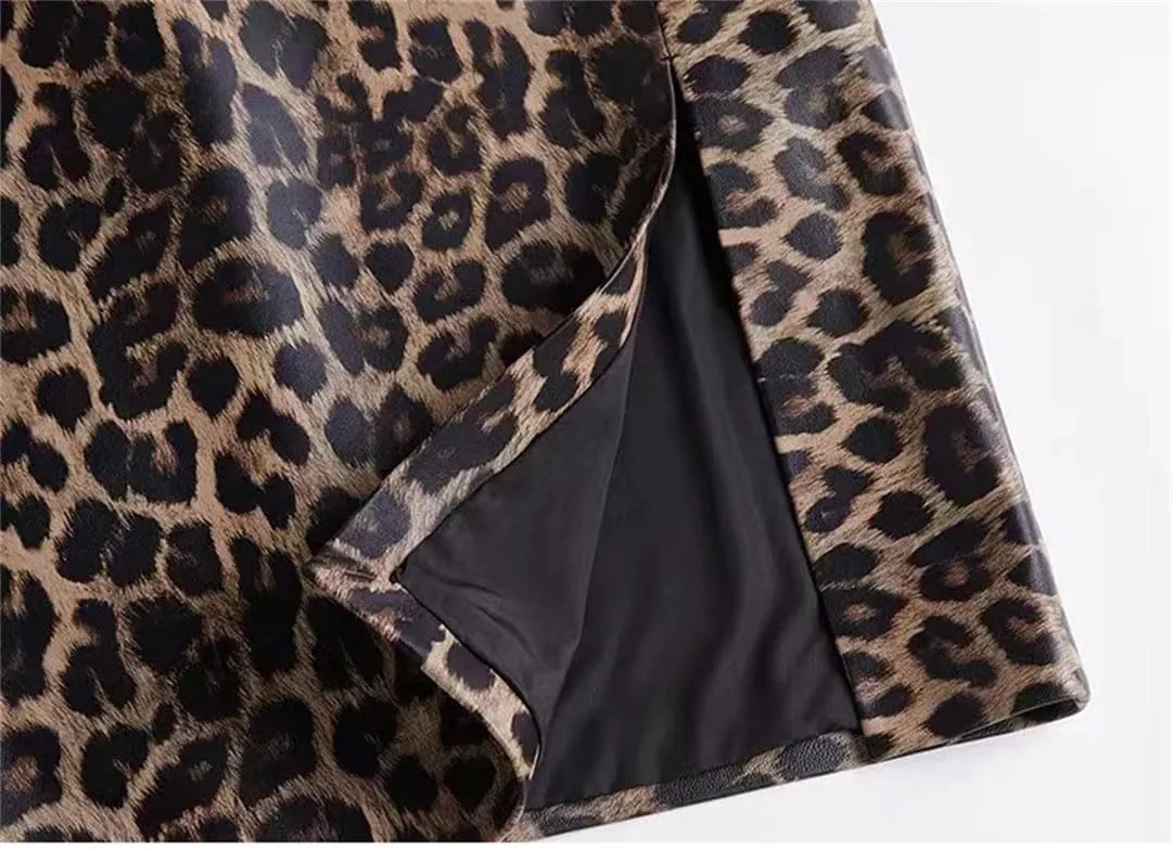 Women Leather Knee-Length Pencil Skirt Slim Leopard Pattern Split Wrapped Skirt Striped Belt Midi Skirt