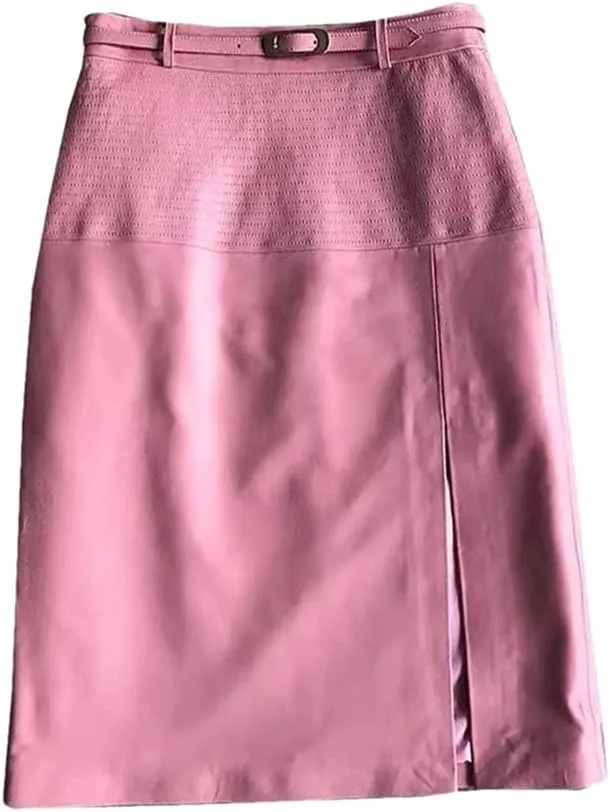 Women Leather Knee-Length Pencil Skirt Slim Leopard Pattern Split Wrapped Skirt Striped Belt Midi Skirt