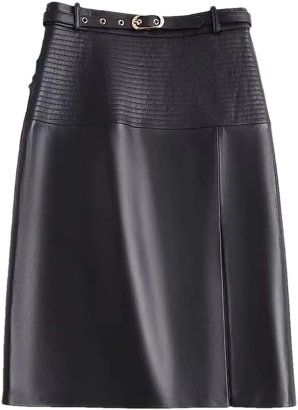 Women Leather Knee-Length Pencil Skirt Slim Leopard Pattern Split Wrapped Skirt Striped Belt Midi Skirt