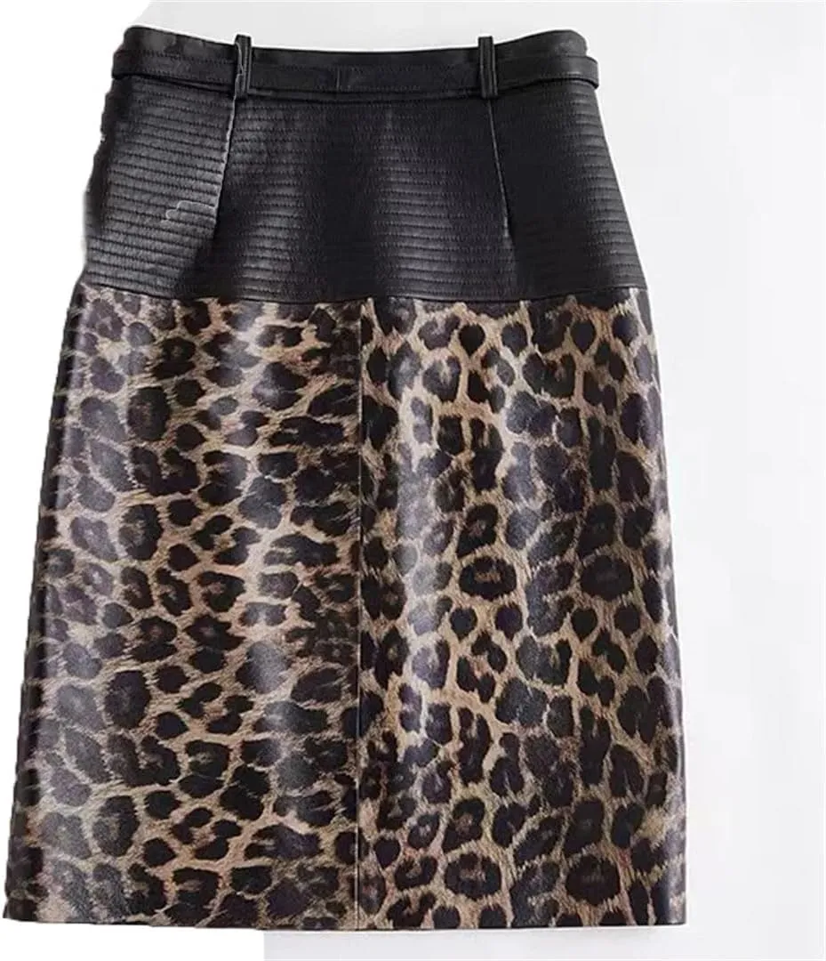 Women Leather Knee-Length Pencil Skirt Slim Leopard Pattern Split Wrapped Skirt Striped Belt Midi Skirt
