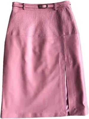 Women Leather Knee-Length Pencil Skirt Slim Leopard Pattern Split Wrapped Skirt Striped Belt Midi Skirt