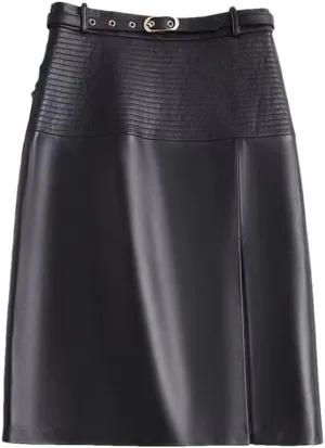 Women Leather Knee-Length Pencil Skirt Slim Leopard Pattern Split Wrapped Skirt Striped Belt Midi Skirt