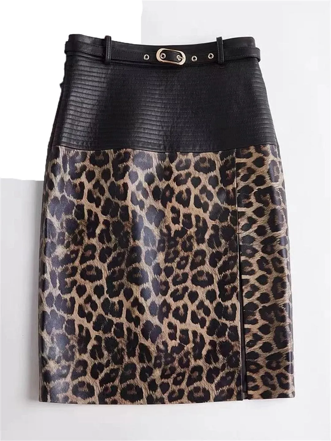 Women Leather Knee-Length Pencil Skirt Slim Leopard Pattern Split Wrapped Skirt Striped Belt Midi Skirt
