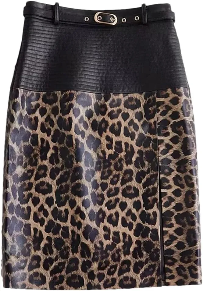 Women Leather Knee-Length Pencil Skirt Slim Leopard Pattern Split Wrapped Skirt Striped Belt Midi Skirt