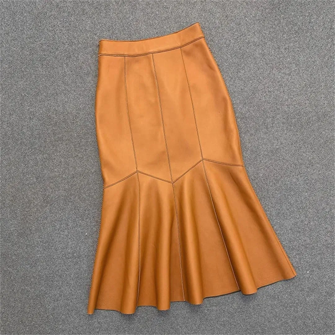Women Leather Mermaid Midi Skirt High Waist Skinny HIPS Leather Skirt Solid Sexy Bodycon Wrap Skirt