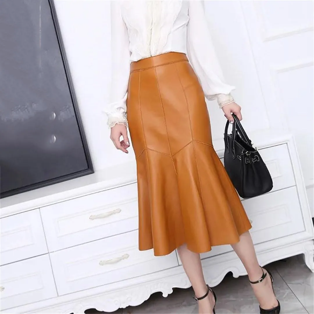 Women Leather Mermaid Midi Skirt High Waist Skinny HIPS Leather Skirt Solid Sexy Bodycon Wrap Skirt