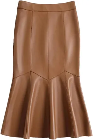 Women Leather Patchwork Fishtail Skirt High Waist Wrap Midi Skirt Solid Bodycon Sexy Skirt