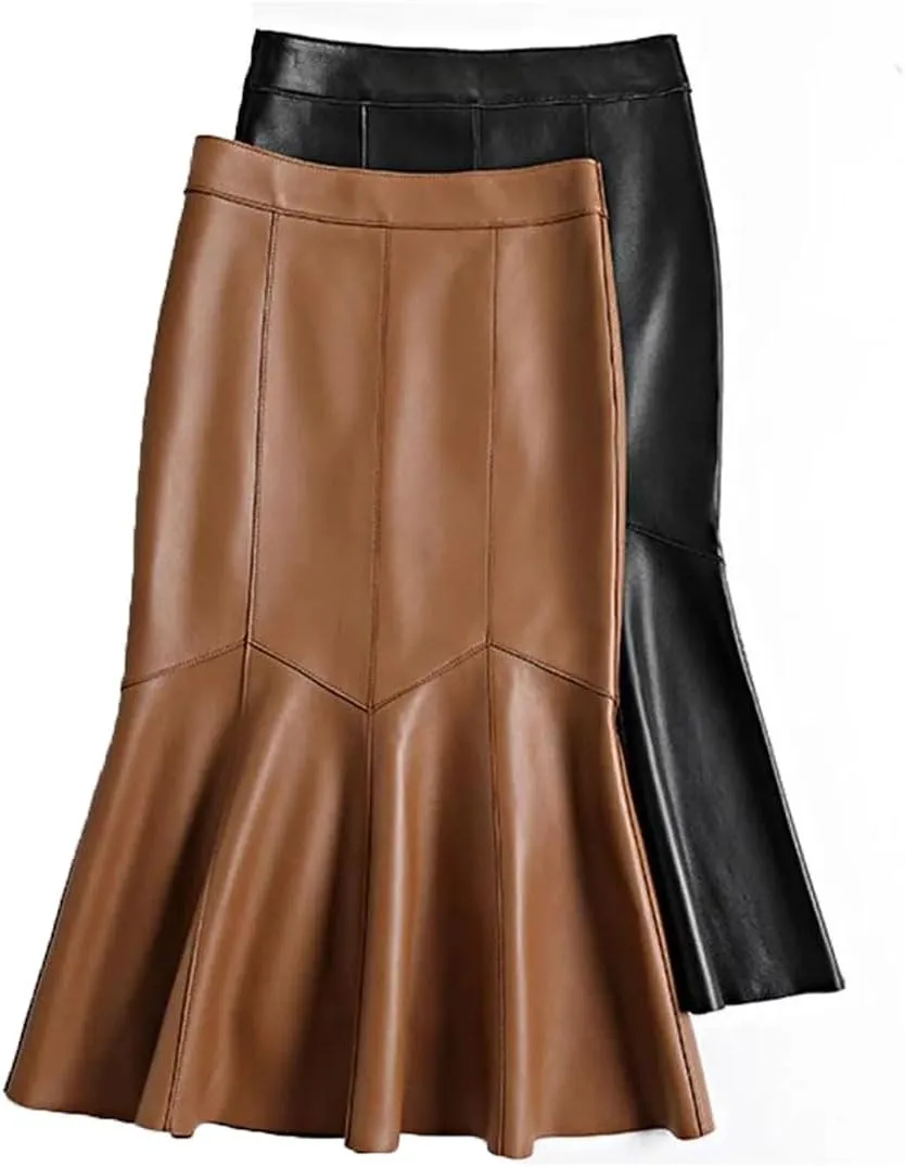 Women Leather Patchwork Fishtail Skirt High Waist Wrap Midi Skirt Solid Bodycon Sexy Skirt