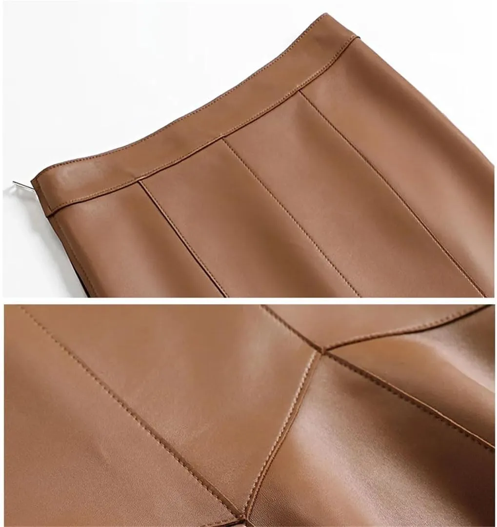 Women Leather Patchwork Fishtail Skirt High Waist Wrap Midi Skirt Solid Bodycon Sexy Skirt