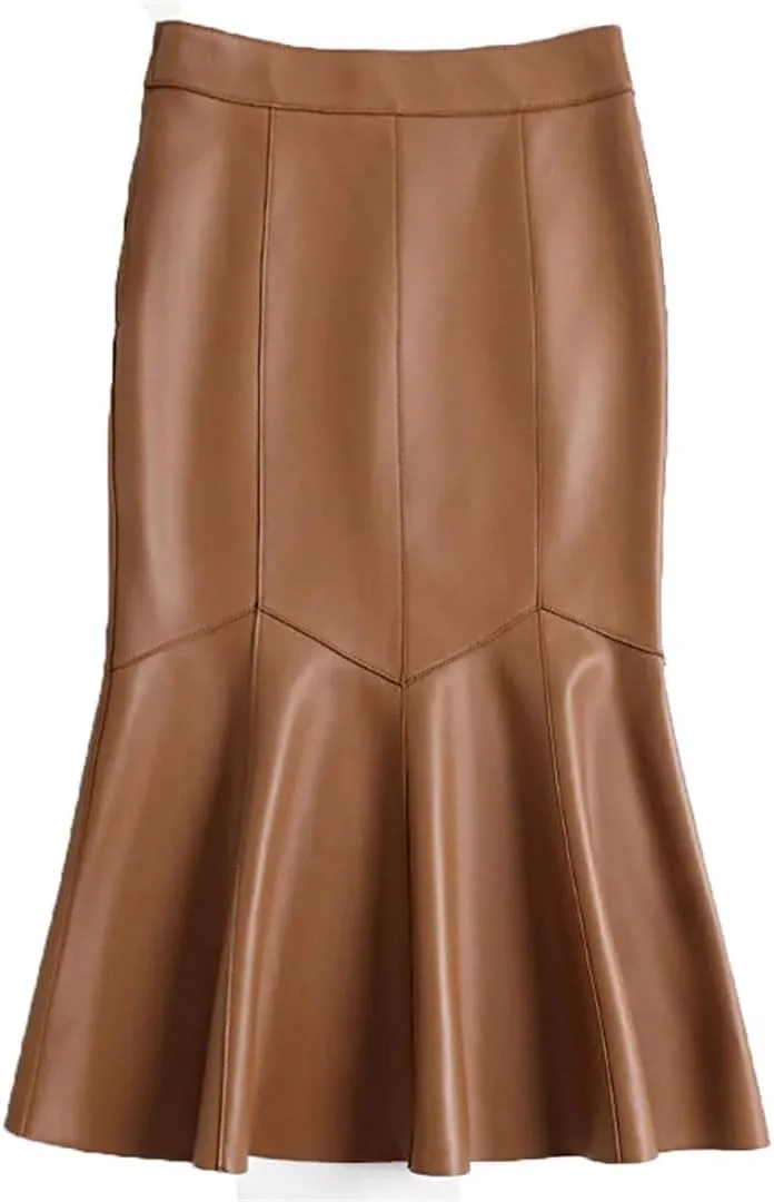 Women Leather Patchwork Fishtail Skirt High Waist Wrap Midi Skirt Solid Bodycon Sexy Skirt