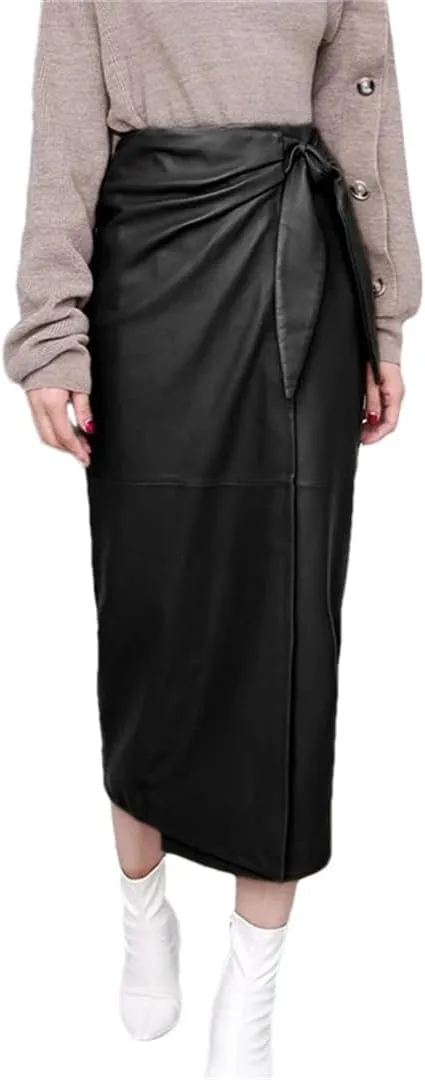 Women Leather Wrap Skirt Soft High Waist Lace Split Midi Skirt Slim Lace-Cp Pencil Skirt