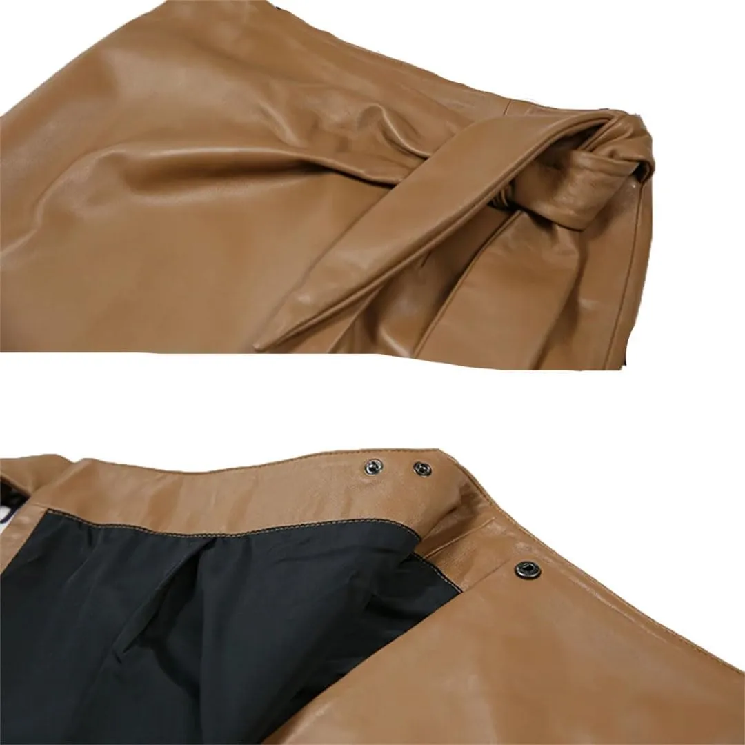 Women Leather Wrap Skirt Soft High Waist Lace Split Midi Skirt Slim Lace-Cp Pencil Skirt