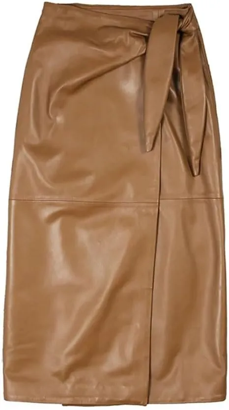 Women Leather Wrap Skirt Soft High Waist Lace Split Midi Skirt Slim Lace-Cp Pencil Skirt