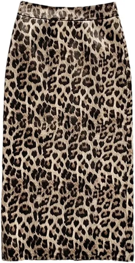 Women Leopard Print Leather Long Skirt Knee Wrap Split Sexy Skirt Slim Street Midi Skirt