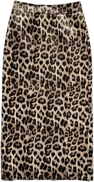 Women Leopard Print Leather Long Skirt Knee Wrap Split Sexy Skirt Slim Street Midi Skirt