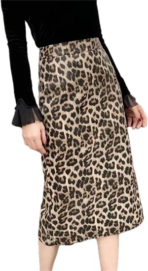 Women Leopard Print Leather Long Skirt Knee Wrap Split Sexy Skirt Slim Street Midi Skirt