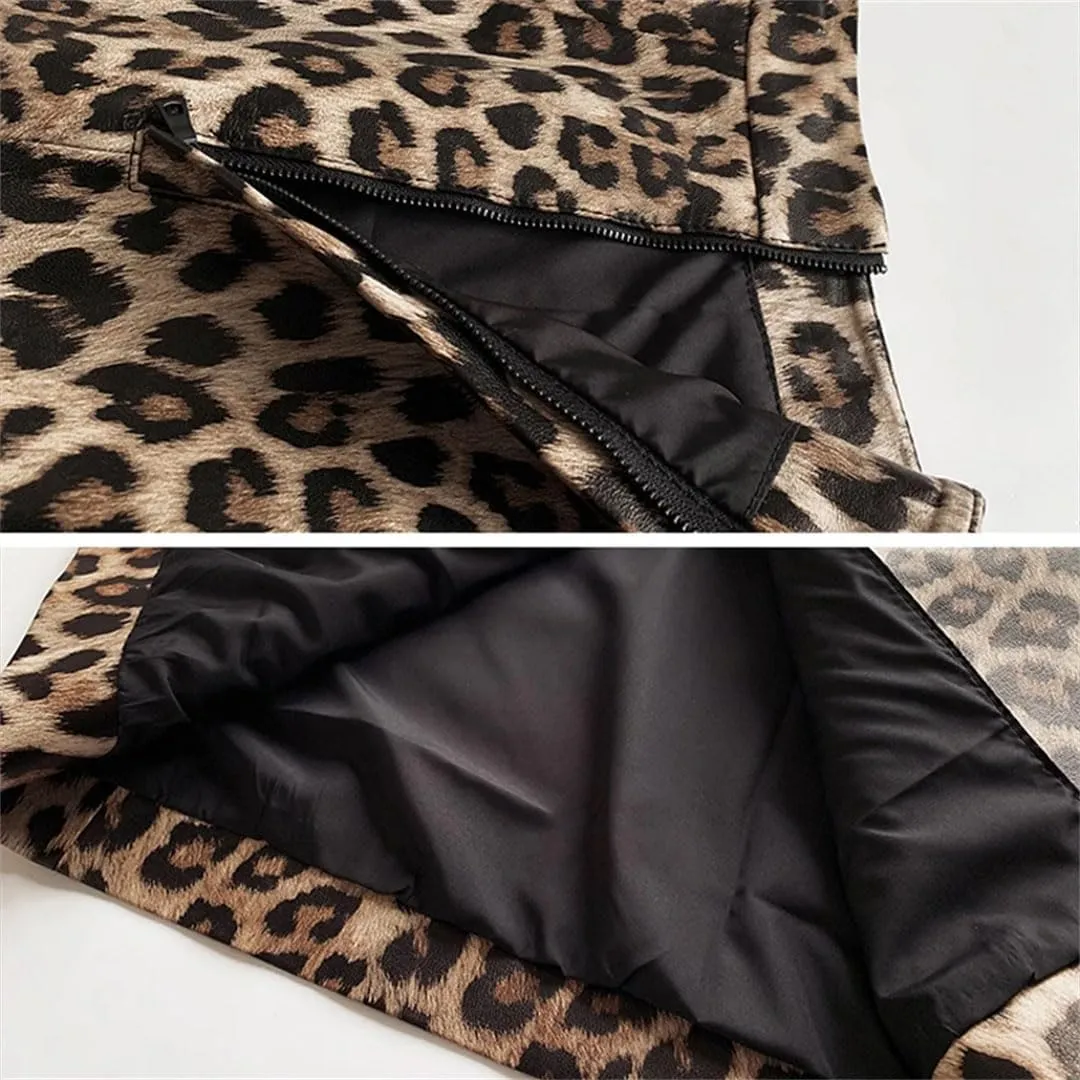 Women Leopard Print Leather Long Skirt Knee Wrap Split Sexy Skirt Slim Street Midi Skirt