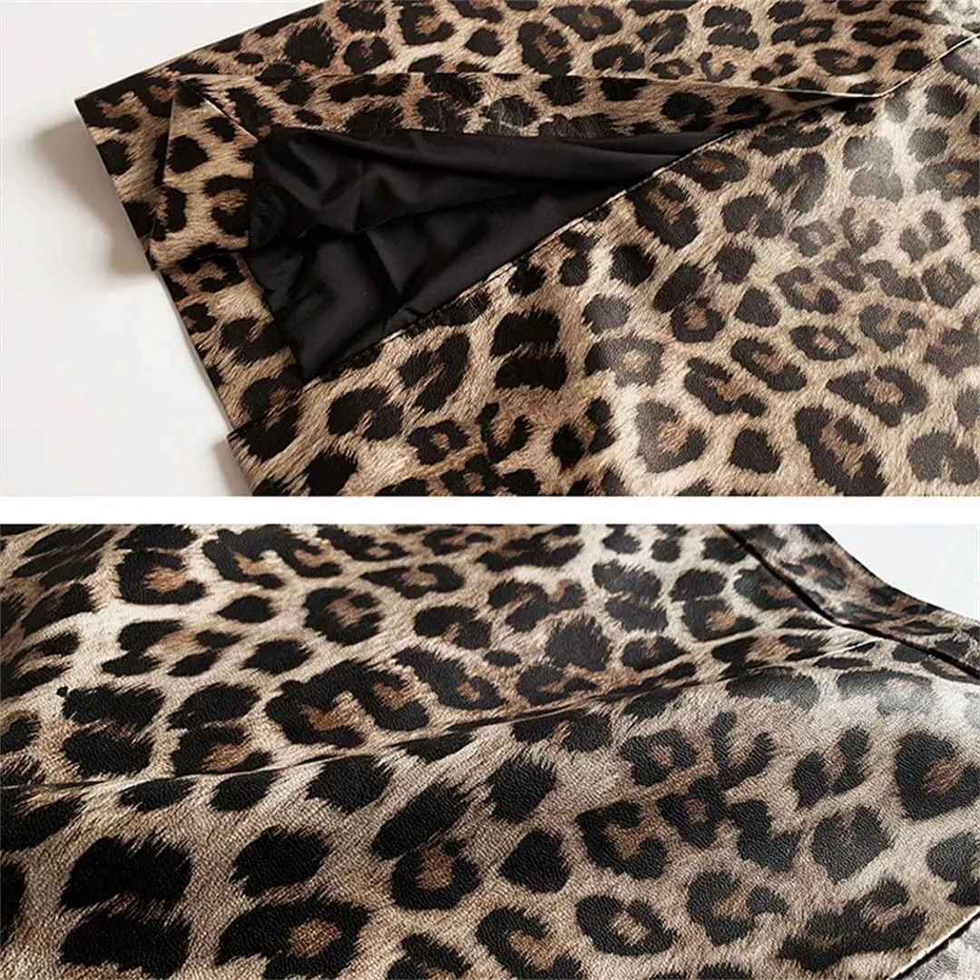 Women Leopard Print Leather Long Skirt Knee Wrap Split Sexy Skirt Slim Street Midi Skirt