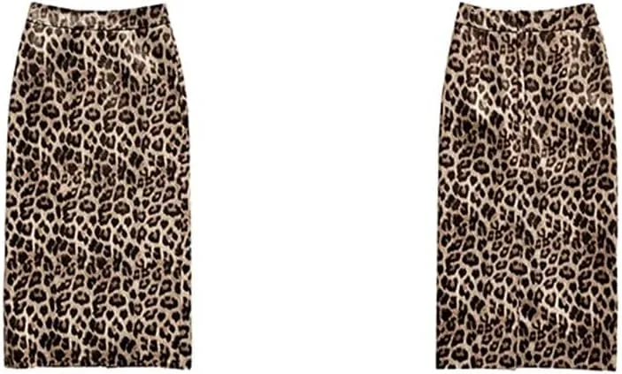 Women Leopard Print Leather Long Skirt Knee Wrap Split Sexy Skirt Slim Street Midi Skirt
